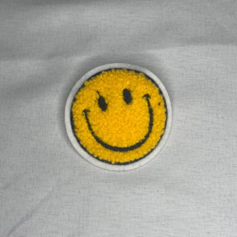 Yellow Fuzzy Smiley Face Embroidered Patch - White Border, Safety Pin Backing